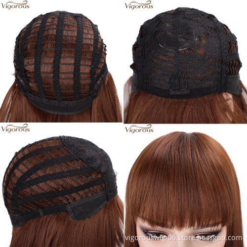 Vigorous Good Quality  High Temperature Long Straight Synthetic Hair Wigs for Women Brown Wigs With Bangs Wholesale